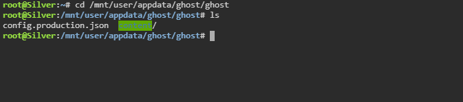 Navigating to the Ghost config in Unraid GUI terminal