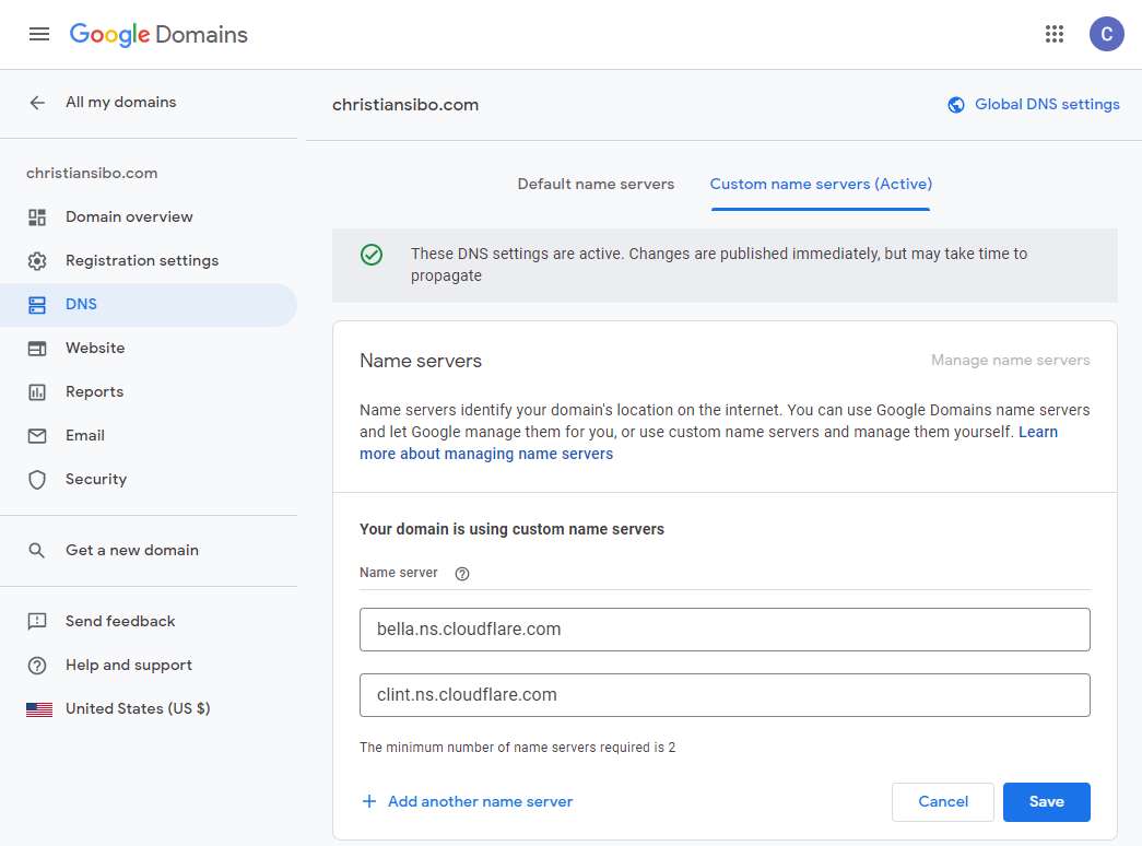 Google Domains DNS menu with Cloudflare settings
