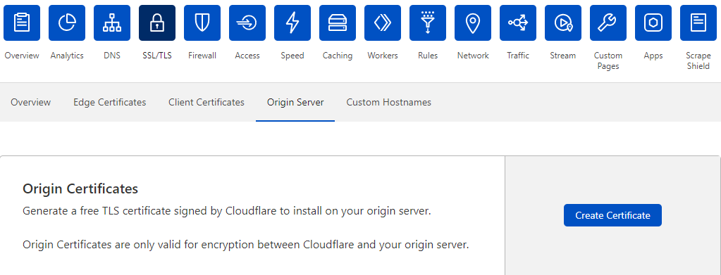 Cloudflare menu for creating an origin certificate