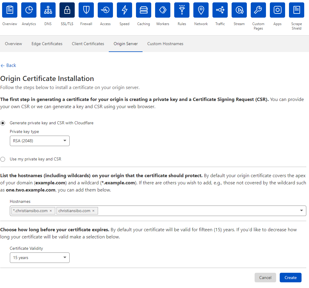 Settings for Cloudflare's origin certificate