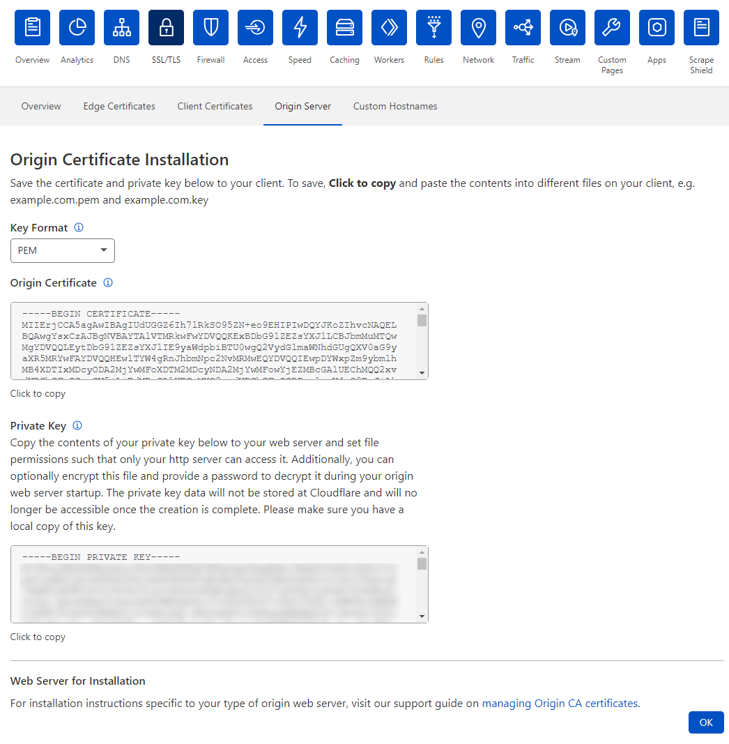 Cloudflare's origin certificate and its private key