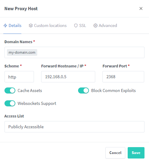 Adding a new proxy host in Nginx Proxy Manager